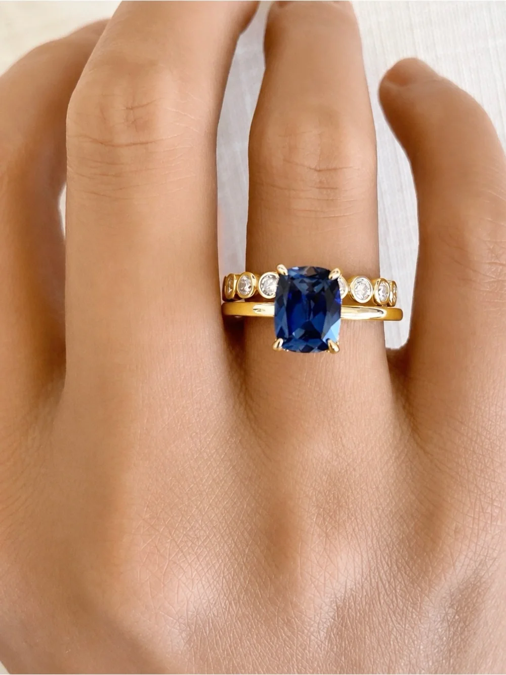 Yellow Gold 3Ct Cushion Blue Sapphire Moissanite Band Sterling Silver Ring Set